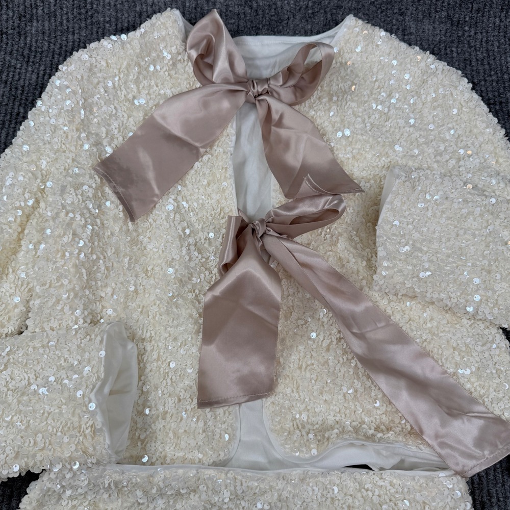 Commense Sequin Skirt Set Women Small White Bow Back Crop Jacket Mini Skirt Glam - Picture 4 of 16